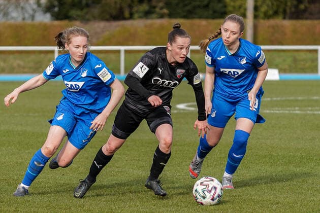 v li Linette Hofmann TSG II, 2 , Vanessa Haim FCI, 13 , Lisa Drexler TSG II, 13 , duel, game scene, duel, tackle, tackling, dynamic, action, action, 20 03 2021, Sinsheim Germany , Football, 2 Frauen Bundesliga Süd, TSG 1899 Hoffenheim II U20 FC Ingolstadt, DFB DFL REGULATIONS PROHIBIT ANY USE OF PHOTOGRAPHS AS IMAGE SEQUENCES AND OR QUASI VIDEO xozx
