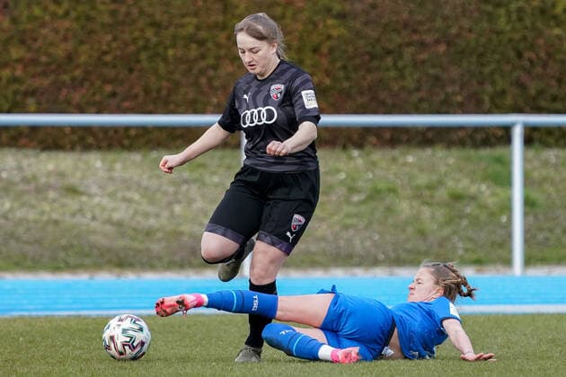 v li Lea Spittka FCI, 2 , Karla Görlitz TSG II, 12 , Zweikampf, Spielzene, Duell, duel, tackle, tackling, Dynamik, Action, Aktion, 20 03 2021, Sinsheim Germany , Fussball, 2 Frauen Bundesliga Süd, TSG 1899 Hoffenheim II U20 FC Ingolstadt, DFB DFL REGULATIONS PROHIBIT ANY USE OF PHOTOGRAPHS AS IMAGE SEQUENCES AND OR QUASI VIDEO xozx