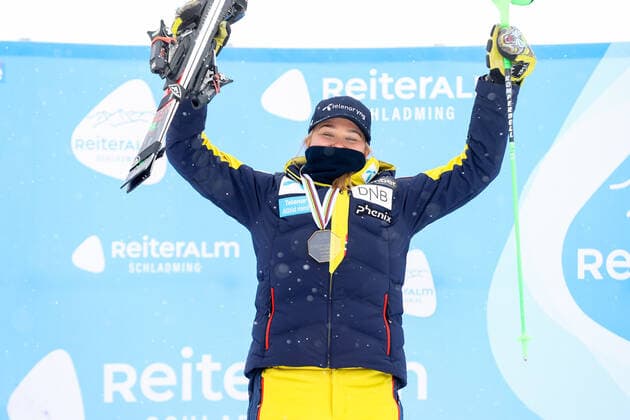 ALPINE SKIING - FIS EC Reiteralm SCHLADMING,AUSTRIA,21.MAR.21- ALPINE SKIING - FIS Europa Cup, award ceremony for the overall Europa Cup, ladies. Image shows the rejoicing of Marte Monsen (NOR). Keywords: medal. GEPAxpictures xChristianxWalgram