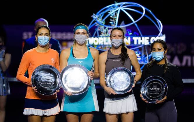 Mandatory Credit: Photo by Rob Prange Shutterstock (11803322c) Nadija Kichenok of Ukraine & Raluca Olaru of Romania and Sabrina Santamaria & Kaitlyn Christian during the trophy ceremony after the doubles final of the 2021 St. Petersburg Ladies Trophy WTA, Tennis Damen 500 tournament WTA St Petersburg Ladies Trophy, Tennis, St Petersburg, Russia - 21 Mar 2021 WTA St Petersburg Ladies Trophy, Tennis, St Petersburg, Russia - 21 Mar 2021  Copyright: xRobxPrange Shutterstockx 11803322c