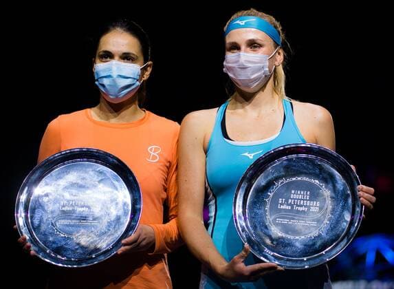 Mandatory Credit: Photo by Rob Prange Shutterstock (11803322e) Nadija Kichenok of Ukraine & Raluca Olaru of Romania with their champions trophies after winning the doubles final of the 2021 St. Petersburg Ladies Trophy WTA, Tennis Damen 500 tournament WTA St Petersburg Ladies Trophy, Tennis, St Petersburg, Russia - 21 Mar 2021 WTA St Petersburg Ladies Trophy, Tennis, St Petersburg, Russia - 21 Mar 2021  Copyright: xRobxPrange Shutterstockx 11803322e