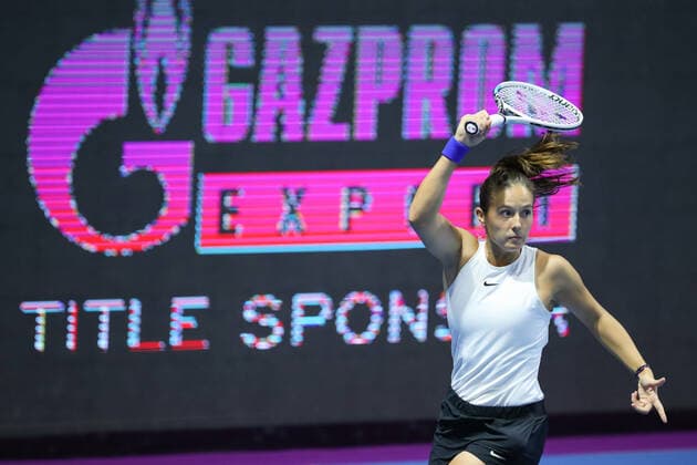 ST PETERSBURG, RUSSIA â€“ MARCH 21, 2019: Russian athlete Daria Kasatkina returns a shot in her 2021 WTA, Tennis Damen Premier St Petersburg Ladies Trophy final match against Margarita Gasparyan at Sibur Arena. Peter Kovalev TASS  TS0FA078
