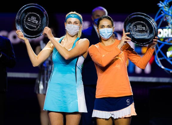 March 21, 2021, ST PETERSBURG, RUSSIA: Nadija Kichenok of Ukraine & Raluca Olaru of Romania with their champions trophies after winning the doubles final of the 2021 St. Petersburg Ladies Trophy WTA, Tennis Damen 500 tournament ST PETERSBURG RUSSIA - ZUMAa181 20210321_zaa_a181_007 Copyright: xRobxPrangex