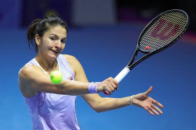 ST PETERSBURG, RUSSIA â€“ MARCH 21, 2019: Russian athlete Margarita Gasparyan returns a shot in her 2021 WTA, Tennis Damen Premier St Petersburg Ladies Trophy final match against Daria Kasatkina at Sibur Arena. Peter Kovalev TASS  TS0FA07D