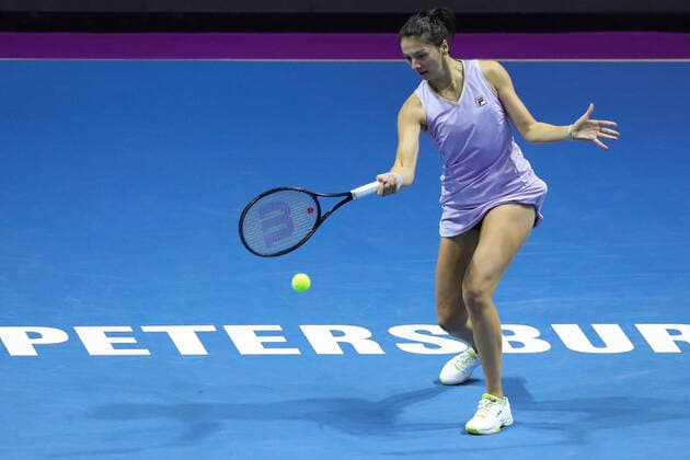 ST PETERSBURG, RUSSIA â€“ MARCH 21, 2019: Russian athlete Margarita Gasparyan returns a shot in her 2021 WTA, Tennis Damen Premier St Petersburg Ladies Trophy final match against Daria Kasatkina at Sibur Arena. Peter Kovalev TASS  TS0FA08D