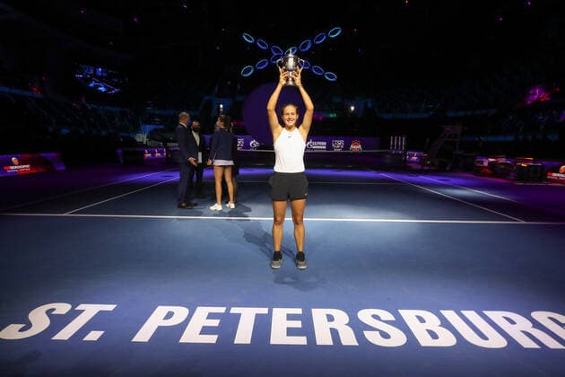 ST PETERSBURG, RUSSIA â€“ MARCH 21, 2019: Russian athlete Daria Kasatkina poses with the trophy she has won in her 2021 WTA, Tennis Damen Premier St Petersburg Ladies Trophy final match against Margarita Gasparyan, during the victory ceremony at Sibur Arena. Peter Kovalev TASS  TS0FA09A