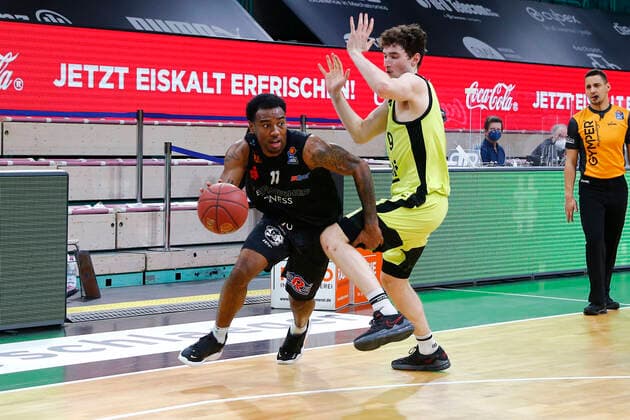 24 Matchday of the easyCredit BBL Basketball Bundesliga on 21 March 2021in the Oberfrankenhalle in Bayreuth Bavaria Germany Season 2020 2021 Medi Bayreuth vs NINERS Chemnitz Kay Bruhnke Medi Bayreuth 9 right Isiaha Mike NINERS Chemnitz 11 left