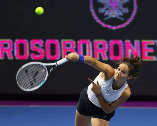 Saint Petersburg, Russia - 21 March 2021: Tennis, final Daria Kasatkina of Russia playing against Margarita Gasparyan of Russia during St.Petersburg Ladies Trophy 2021 tennis tournament. MaksimxKonstantinov