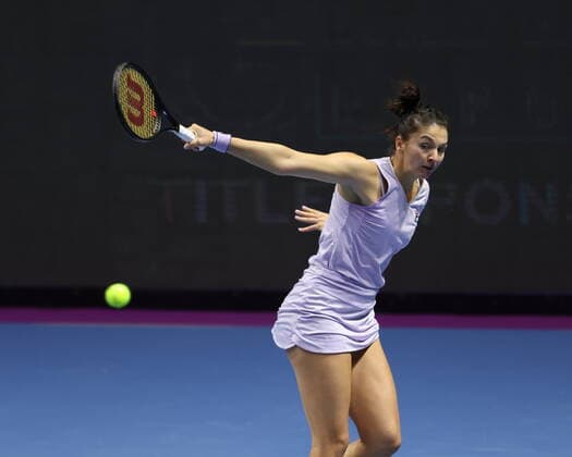 Saint Petersburg, Russia - 21 March 2021: Tennis, final Daria Kasatkina of Russia playing against Margarita Gasparyan of Russia during St.Petersburg Ladies Trophy 2021 tennis tournament. MaksimxKonstantinov