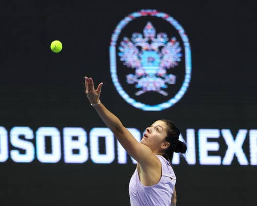 Saint Petersburg, Russia - 21 March 2021: Tennis, final Daria Kasatkina of Russia playing against Margarita Gasparyan of Russia during St.Petersburg Ladies Trophy 2021 tennis tournament. MaksimxKonstantinov