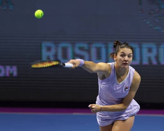 Saint Petersburg, Russia - 21 March 2021: Tennis, final Daria Kasatkina of Russia playing against Margarita Gasparyan of Russia during St.Petersburg Ladies Trophy 2021 tennis tournament. MaksimxKonstantinov