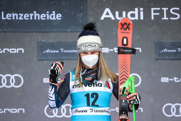 ALPINE SKIING - FIS WC Final Lenzerheide LENZERHEIDE,SWITZERLAND,21.MAR.21- ALPINE SKIING - FIS World Cup Final, giant slalom, ladies. Image shows the rejoicing of Alice Robinson (NZL). GEPAxpictures xMarioxBuehner