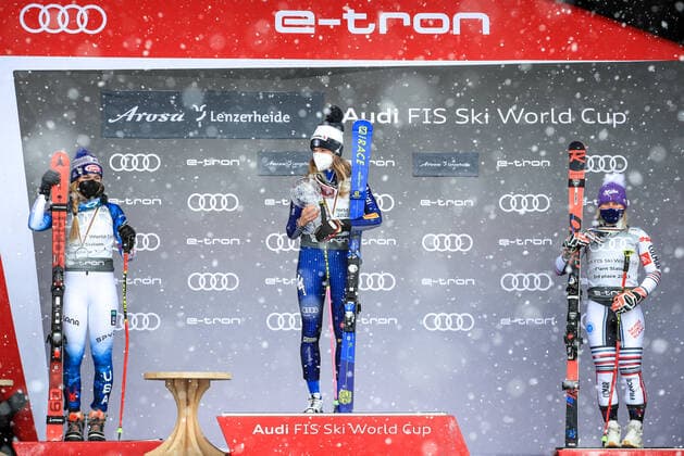 ALPINE SKIING - FIS WC Final Lenzerheide LENZERHEIDE,SWITZERLAND,21.MAR.21- ALPINE SKIING - FIS World Cup Final, giant slalom, ladies. Image shows Mikaela Shiffrin (USA), Marta Bassino (ITA) and Tessa Worley (FRA). Keywords: crystal globe. GEPAxpictures xMarioxBuehner