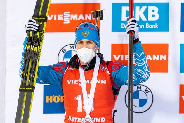 210321Eduard Latypov of Russia second place celebrates on the podium after the Men s 15 km Mass Start during the IBU Biathlon World Cup on March 21, 2021 in Östersund Photo Joel Marklund BILDBYRAN code JM JM0089 bbeng biathlon biathlon biathlon world cup ibu world cup masstart cheers russia,  Copyright: JOELxMARKLUND BB210321JM191
