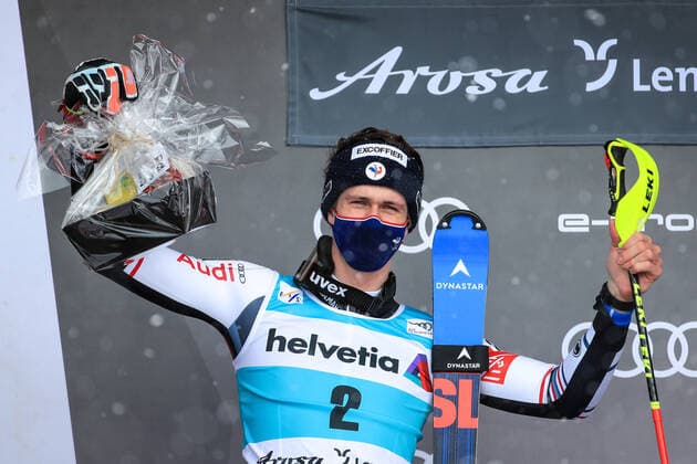 ALPINE SKIING - FIS WC Final Lenzerheide LENZERHEIDE,SWITZERLAND,21.MAR.21- ALPINE SKIING - FIS World Cup Final, slalom, men. Image shows the rejoicing of Clement Noel (FRA). GEPAxpictures xMarioxBuehner