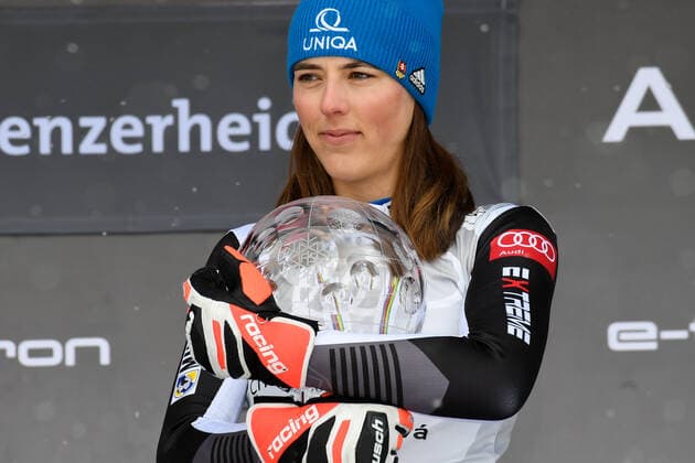 SUI, FIS World Cup Alpine Skiing, Finals, Lenzerheide 21 03 2021, Lenzerheide, SUI, FIS World Cup Alpine Skiing, Slalom, Men, Award Ceremony, World Cup Rating, in the picture Petra Vhlova with the Overall World Cup Crystal Globe Petra Vlohva with the Overall World Cup Crystal Globe during the winner ceremony for the man Slalom Worldcup rating of FIS Ski Alpine World Cup finals in Lenzerheide, Switzerland on 2021 03 21 Lenzerheide Switzerland