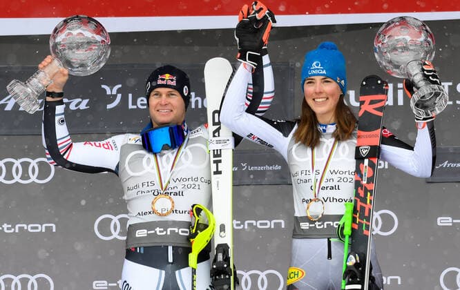 SUI, FIS World Cup Alpine Skiing, Final, Lenzerheide 21 03 2021, Lenzerheide, SUI, FIS World Cup Alpine Skiing, Slalom, Men, Award ceremony, World Cup ranking, in the picture Alexis Pinturault with the Overall World Cup Crystal Globe, Petra Vhlova with the Overall World Cup Crystal Globe Alexis Pinturault with the Overall World Cup Crystal Globe Petra Vlohva with the Overall World Cup Crystal Globe during the winner ceremony for the man Slalom Worldcup rating of FIS Ski Alpine World Cup finals in Lenzerheide, Switzerland on 2021 03 21 Lenzerheide Switzerland