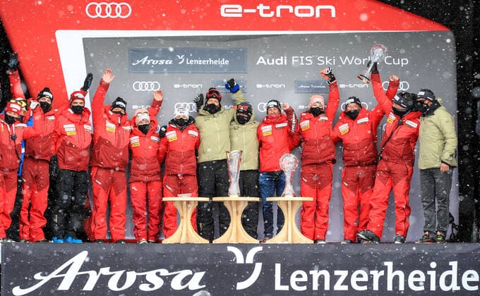 ALPINE SKIING - FIS WC Final Lenzerheide LENZERHEIDE,SWITZERLAND,21.MAR.21- ALPINE SKIING - FIS World Cup Final, men, award ceremony for the overall World Cup. Image shows the rejoicing of the team of SUI. GEPAxpictures xMarioxBuehner