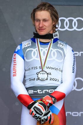ALPINE SKIING - FIS WC Final Lenzerheide LENZERHEIDE,SWITZERLAND,21.MAR.21- ALPINE SKIING - FIS World Cup Final, men, award ceremony for the overall World Cup. Image shows Marco Odermatt (SUI). Keywords: medal. GEPAxpictures xMarioxBuehner