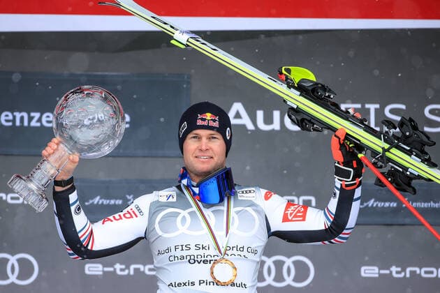 ALPINE SKIING - FIS WC Final Lenzerheide LENZERHEIDE,SWITZERLAND,21.MAR.21- ALPINE SKIING - FIS World Cup Final, men, award ceremony for the overall World Cup. Image shows the rejoicing of Alexis Pinturault (FRA). Keywords: medal, crystal globe. GEPAxpictures xMarioxBuehner