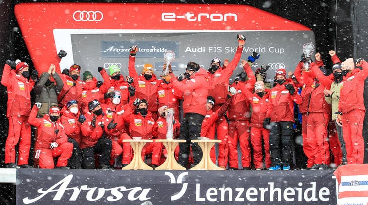 ALPINE SKIING - FIS WC Final Lenzerheide LENZERHEIDE,SWITZERLAND,21.MAR.21- ALPINE SKIING - FIS World Cup Final, men, award ceremony for the overall World Cup. Image shows the rejoicing of the team of SUI. GEPAxpictures xMarioxBuehner