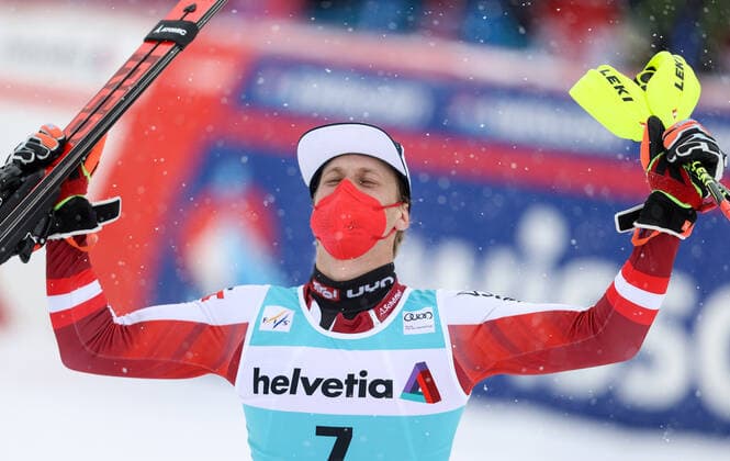 ALPINE SKIING - FIS WC Final Lenzerheide LENZERHEIDE,SWITZERLAND,21.MAR.21- ALPINE SKIING - FIS World Cup Final, slalom, men. Image shows the rejoicing of Manuel Feller (AUT). GEPAxpictures xHaraldxSteiner