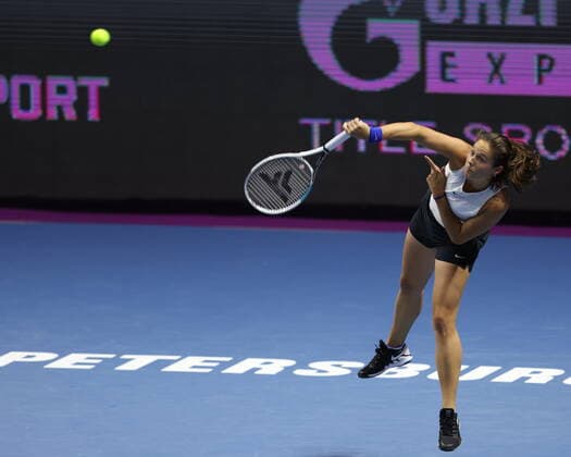 Saint Petersburg, Russia - 21 March 2021: Tennis, final Daria Kasatkina of Russia playing against Margarita Gasparyan of Russia during St.Petersburg Ladies Trophy 2021 tennis tournament. MaksimxKonstantinov