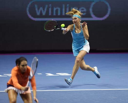 NADIIA KICHENOK of Ukraine and RALUCA OLARU of Romania playing against KAITLYN CHRISTIAN of USA and SABRINA SANTAMARIA of USA during the St.Petersburg Ladies Trophy 2021 tennis tournament at Sibur Arena. Final score: (NADIIA KICHENOK and RALUCA OLARU 2-1 KAITLYN CHRISTIAN and SABRINA SANTAMARIA) MaksimxKonstantinov