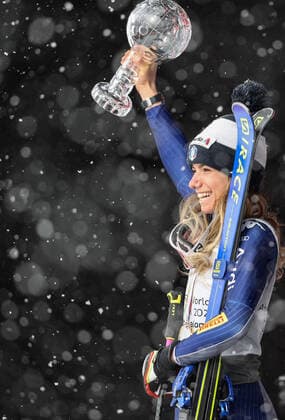ALPINE SKIING - FIS WC Final Lenzerheide LENZERHEIDE,SWITZERLAND,21.MAR.21- ALPINE SKIING - FIS World Cup Final, giant slalom, ladies. Image shows Marta Bassino (ITA). Keywords: crystal globe, medal. GEPAxpictures xHaraldxSteiner