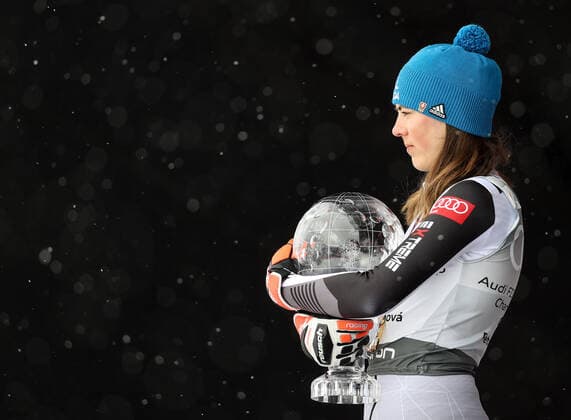 ALPINE SKIING - FIS WC Final Lenzerheide LENZERHEIDE,SWITZERLAND,21.MAR.21- ALPINE SKIING - FIS World Cup Final, ladies, award ceremony for the overall world cup. Image shows Petra Vlhova (SVK). Keywords: crystal globe, medal. GEPAxpictures xHaraldxSteiner