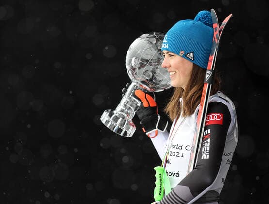 ALPINE SKIING - FIS WC Final Lenzerheide LENZERHEIDE,SWITZERLAND,21.MAR.21- ALPINE SKIING - FIS World Cup Final, ladies, award ceremony for the overall world cup. Image shows Petra Vlhova (SVK). Keywords: crystal globe, medal. GEPAxpictures xHaraldxSteiner