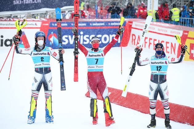 ALPINE SKIING - FIS WC Final Lenzerheide LENZERHEIDE,SWITZERLAND,21.MAR.21- ALPINE SKIING - FIS World Cup Final, slalom, men. Image shows Clement Noel (FRA), Manuel Feller (AUT) and Alexis Pinturault (FRA). GEPAxpictures xHaraldxSteiner