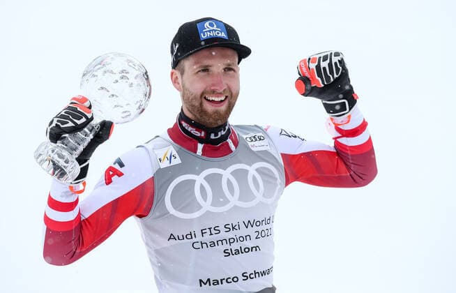ALPINE SKIING - FIS WC Final Lenzerheide LENZERHEIDE,SWITZERLAND,21.MAR.21- ALPINE SKIING - FIS World Cup Final, slalom, men. Image shows Marco Schwarz (AUT). Keywords: crystal globe. GEPAxpictures xHaraldxSteiner