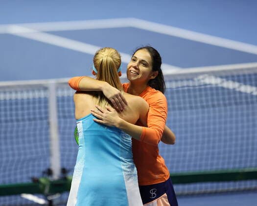 March 21, 2021, Saint Petersburg, Russia: Nadiia Kichenok of Ukraine and Raluca Olaru of Romania hug after their match against Kaitlyn Christian and Sabrina Santamaria of USA during the St. Petersburg Ladies Trophy 2021 tennis tournament at Sibur Arena..Final score: Saint Petersburg Russia - ZUMAs197 20210321_zaa_s197_181 Copyright: xMaksimxKonstantinovx
