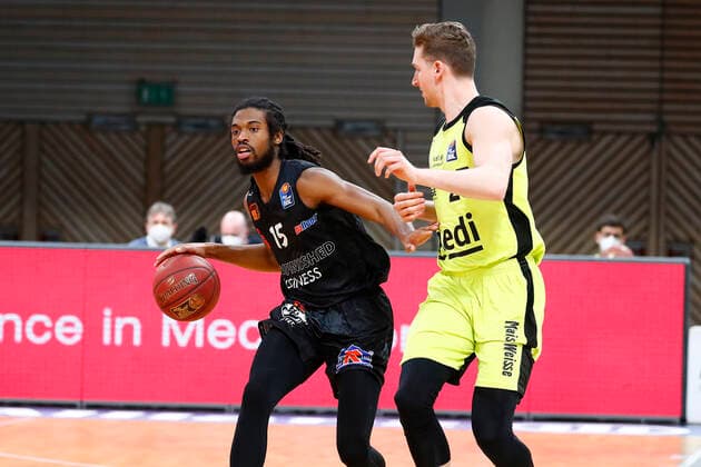 24 Matchday of the easyCredit BBL Basketball Bundesliga on 21 March 2021at the Oberfrankenhalle in Bayreuth Bavaria Germany Season 2020 2021 Medi Bayreuth vs NINERS Chemnitz David Walker Medi Bayreuth23 right Marcus Thornton NINERS Chemnitz 15 left
