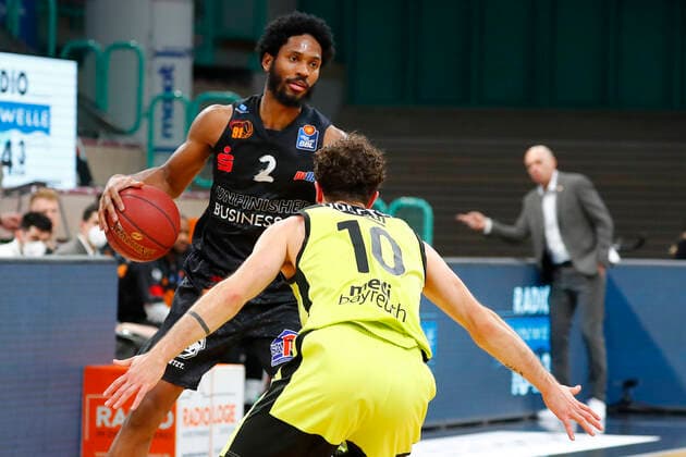 24 Matchday of the easyCredit BBL Basketball Bundesliga on 21 March 2021in the Oberfrankenhalle in Bayreuth Bavaria Germany Season 2020 2021 Medi Bayreuth against NINERS Chemnitz Bastian Doreth Medi Bayreuth 10 right Terrell Harris NINERS Chemnitz 2 left