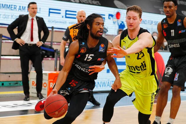 24 Matchday of the easyCredit BBL Basketball Bundesliga on 21 March 2021at the Oberfrankenhalle in Bayreuth Bavaria Germany Season 2020 2021 Medi Bayreuth vs NINERS Chemnitz David Walker Medi Bayreuth23 right Marcus Thornton NINERS Chemnitz 15 left