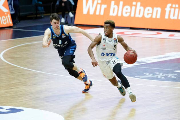 BBL easyCredit Basketball Bundesliga season 2020 2021 8 matchday on Tuesday, 23 March 2021 at edel optics de Arena in Hamburg Hamburg Towers Alba Berlin v l Jonas Mattisseck Berlin , TJ Shorts II Towers Hamburg Towers Alba Berlin