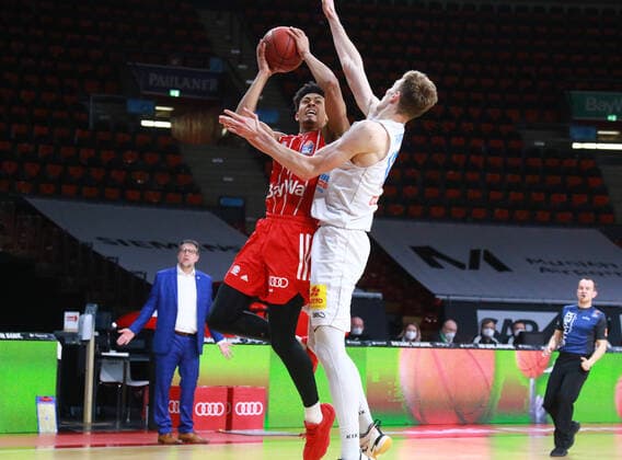 1 Jason George FCBB red, vs 12 Philipp Hartwich Mitteldeutscher BC Basketball, 1 Bundesliga, BBL, FC Bayern Munich Mitteldeutscher BC at Audi Dome on 23 03 2021 PHOTO Mladen Lackovic LakoPress