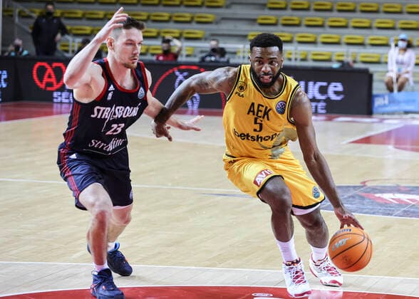 Keith Langford 5 and Jean Baptiste Maille 23 SIG Strasbourg vs AEK Basketball Champions League BASKETBALL : SIG Strasbourg vs AEK Athenes - 23 03 2021 ElyxandroCEGARRA PANORAMIC 