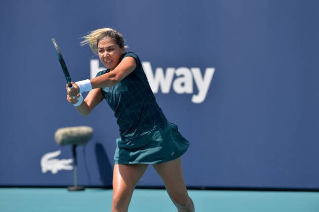 March 23, 2021, Miami Gardens, Florida, United States Of America: MIAMI GARDENS, FL - MARCH 23: Zarina Diyas seen playing on day 2 of the Miami Open on March 23, 2021 at Hard Rock Stadium in Miami Gardens, Florida. ...People: Zarina Diyas Miami Gardens United States Of America - ZUMAs214 20210323_zda_s214_075 Copyright: xSMGx