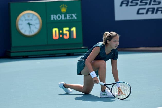 March 23, 2021, Miami Gardens, Florida, United States Of America: MIAMI GARDENS, FL - MARCH 23: Zarina Diyas seen playing on day 2 of the Miami Open on March 23, 2021 at Hard Rock Stadium in Miami Gardens, Florida. ...People: Zarina Diyas Miami Gardens United States Of America - ZUMAs214 20210323_zda_s214_080 Copyright: xSMGx