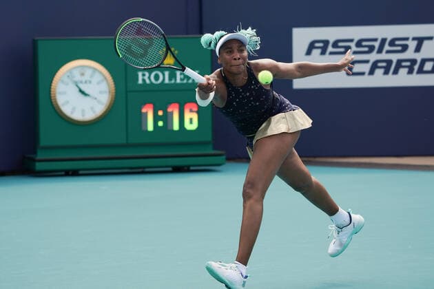 MIAMI GARDENS, FL - MARCH 23: Venus Williams (USA) during her qualifying second round match of the Miami Open on March 23, 2021, at Hard Rock Stadium in Miami Gardens, FL. (Photo by Michele Eve Sandberg Icon Sportswire) TENNIS: MAR 23 Miami Open Icon210323101