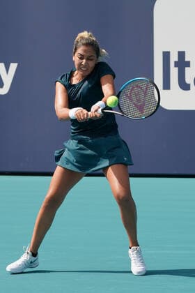 MIAMI GARDENS, FL - MARCH 23: Zarina Diyas (KAZ) during her qualifying second round match of the Miami Open on March 23, 2021, at Hard Rock Stadium in Miami Gardens, FL. (Photo by Michele Eve Sandberg Icon Sportswire) TENNIS: MAR 23 Miami Open Icon21032399