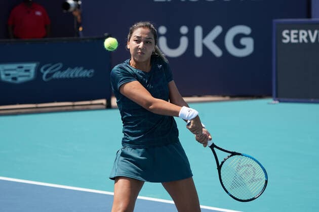 MIAMI GARDENS, FL - MARCH 23: Zarina Diyas (KAZ) during her qualifying second round match of the Miami Open on March 23, 2021, at Hard Rock Stadium in Miami Gardens, FL. (Photo by Michele Eve Sandberg Icon Sportswire) TENNIS: MAR 23 Miami Open Icon21032371