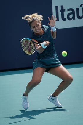 MIAMI GARDENS, FL - MARCH 23: Zarina Diyas (KAZ) during her qualifying second round match of the Miami Open on March 23, 2021, at Hard Rock Stadium in Miami Gardens, FL. (Photo by Michele Eve Sandberg Icon Sportswire) TENNIS: MAR 23 Miami Open Icon21032389
