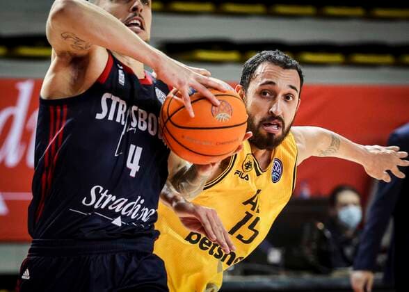 Leo Cavaliere 4 and Linos Chrysikopoulos 15 SIG Strasbourg vs AEK Basketball Champions League BASKET BALL : SIG Strasbourg vs AEK Athenes Basketball - Ligue des Champions - 23 03 2021 ElyxandroCEGARRA PANORAMIC 