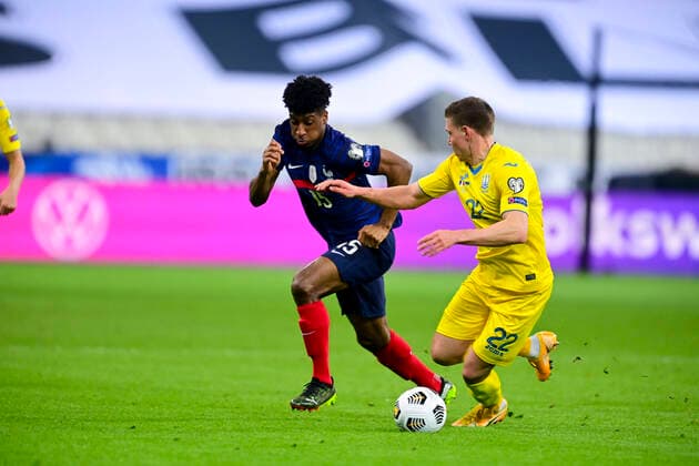 Kingsley Coman (France)vs Mykola Matviyenko (Ukraine) FOOTBALL : France vs Ukraine - Eliminatoires coupe du Monde 2022 - 24 03 2021 JBAutissier Panoramic 