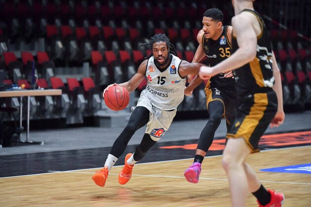Chemnitz, Germany 24 March 2021 BBL 2020 2021 Niners Chemnitz vs Basketball Loewen Braunschweig v li in duel Marcus Thornton Chemnitz and Karim Jallow Braunschweig Fair Chemnitz Saxony Copyright: xFotostandx xDostmannx