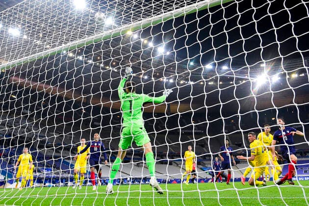 GIROUD OLIVIER (France) vs Serhhiy Kryvtsov (Ukraine) FOOTBALL : France vs Ukraine - Eliminatoires coupe du Monde 2022 - 24 03 2021 JBAutissier Panoramic 